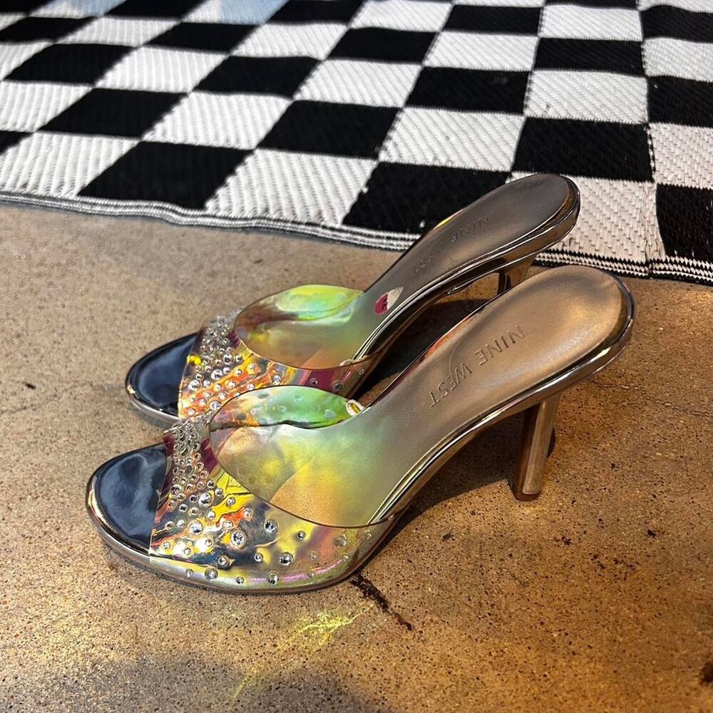 Vintage Y2K Nine West Silver Holographic Diamond Studded Heels Size 6.5 - Picture 7 of 7